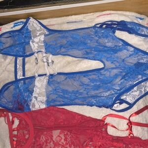 Blue and White Lace Bodysuit